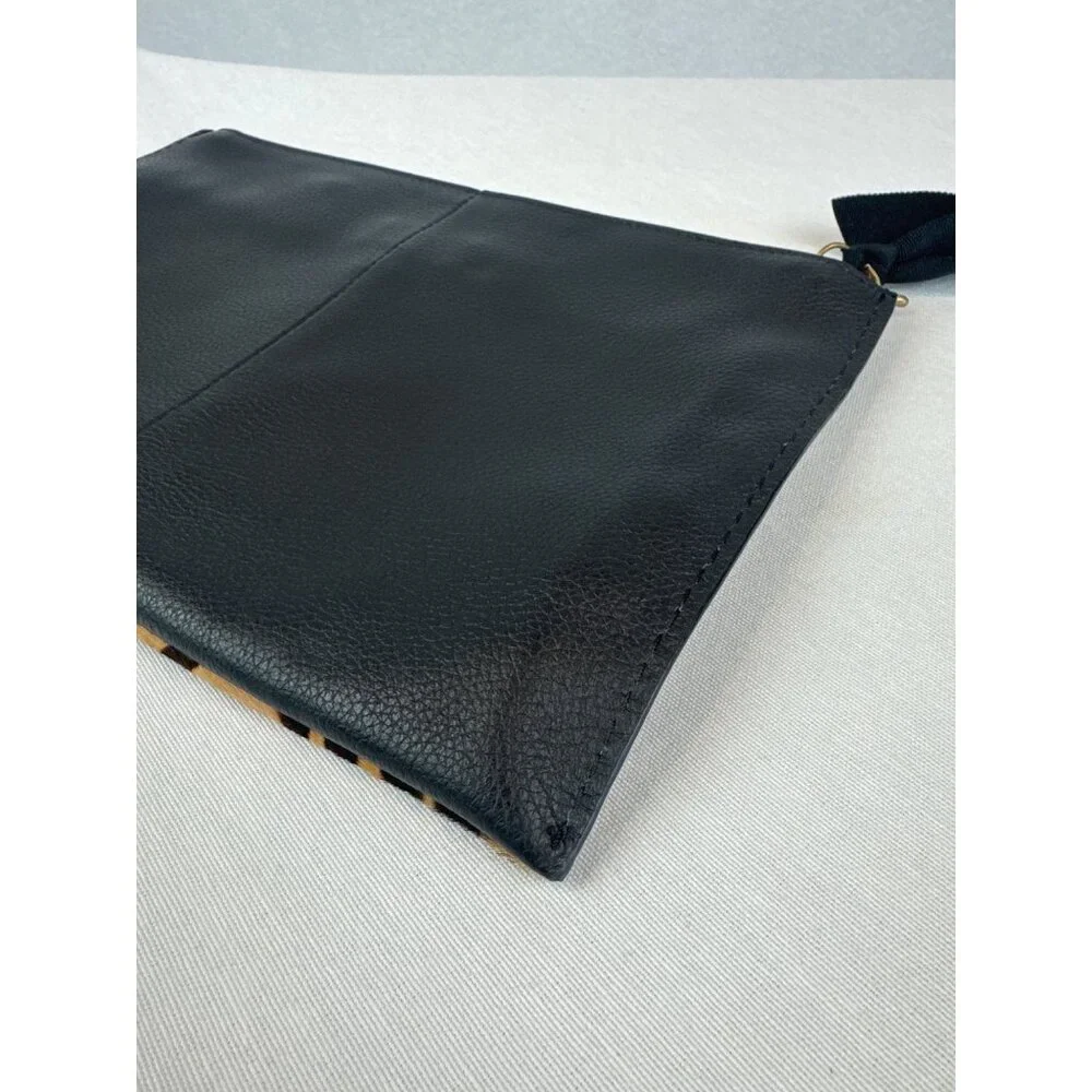 J Crew Black Leather Calf Hair Leopard Print Clutch Brass Accents Zipper - Picture 6 of 11